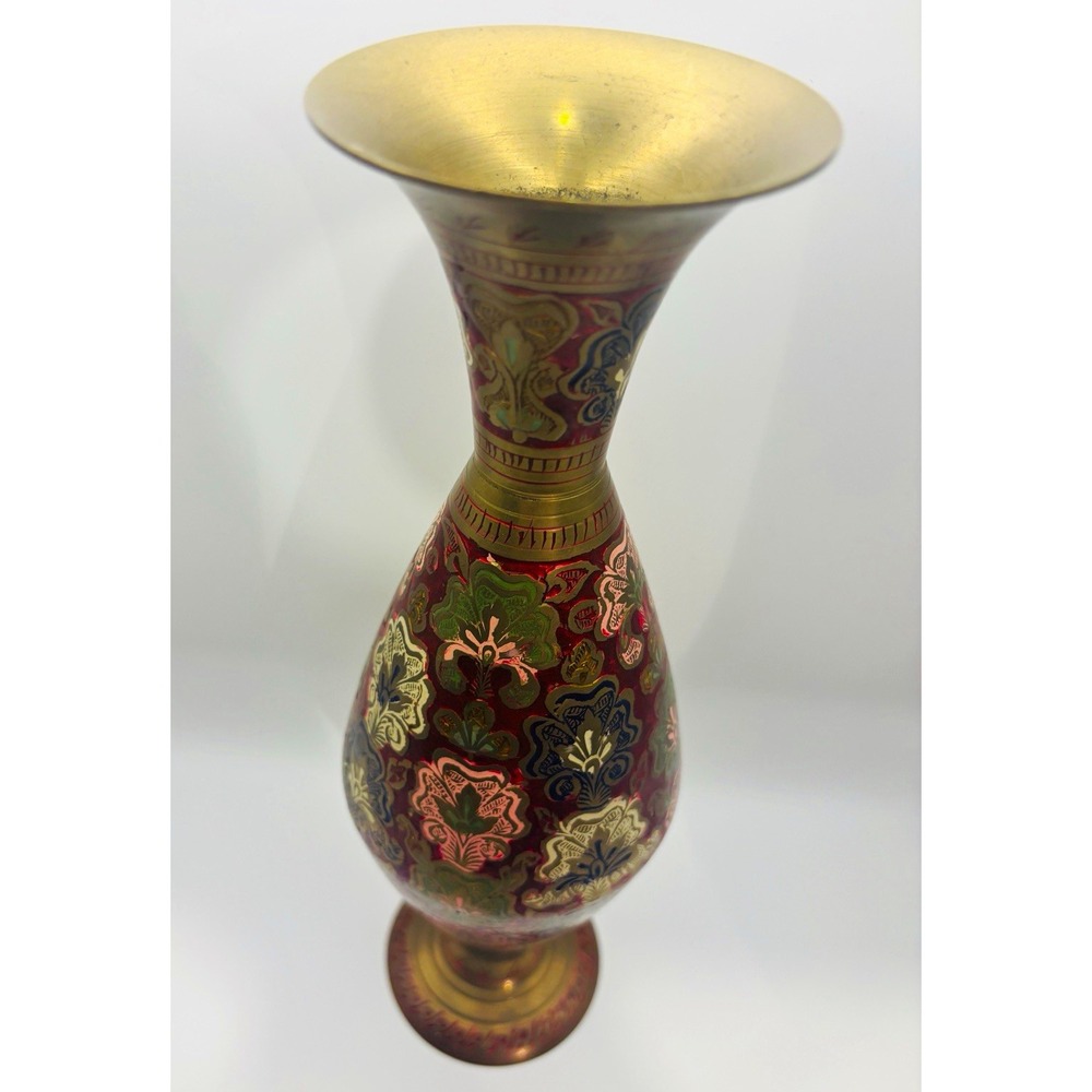Vintage Indian Brass Vase Ornate Enameled Etched Floral Boho Red Green Gold